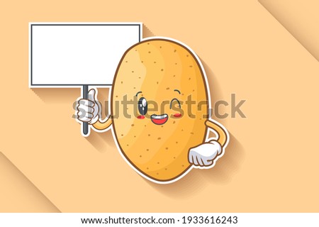 GRINNING WINK, HAPPY, CHEERFUL Face Emotion. Holding Whiteboard Hand Gesture. Potato Vegetable Character Cartoon Drawing Mascot Illustration.