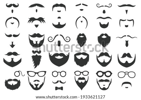 Moustaches and beards. Vintage hipster moustache silhouettes, moustache and beard masculine vector symbols set. Gentleman face hairstyle. Black curly hair, glasses and bow, barber logo Royalty-Free Stock Photo #1933621127
