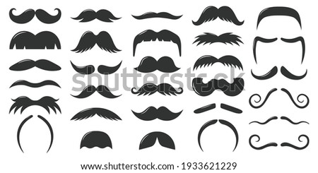 Moustaches symbols. Vintage male moustaches silhouette, funny black mustaches vector illustration set. Retro gentleman moustaches. Hipster man element for photo. Different accessories collection Royalty-Free Stock Photo #1933621229