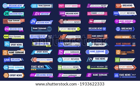 Tv news bars. Breaking news broadcasting third part banners, headline information media screen frames. Television broadcast bar vector illustration set. Sport or fake news for channel or program Royalty-Free Stock Photo #1933622333