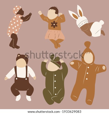 Set of newborn kids in different poses and clothes. Boho children. Abstract Graphic bundle of happy, adorable newborn babies .Stock vector illustration, eps 10
