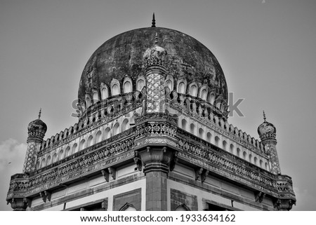 Low perspective shot of the tombs of Mohammad Quli Qutb Shah at Ibrahim Bagh, Hyderabad, India
