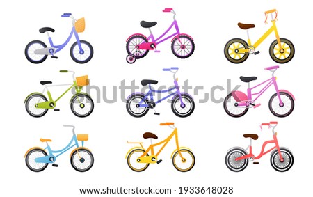 Set of colourful kids bicycle, healthy lifestyle objects, children bikes, transport for travel, toys for child in cartoon style on white background