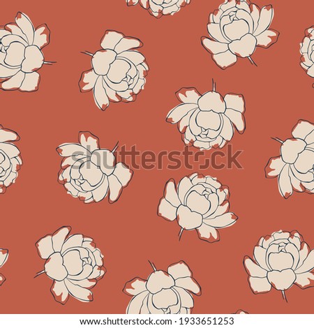Hand drawn seamless vector pattern with delicate peony flowers. Line art botanical background. Vector floral repeatable backdrop for romantic holidays, female art, womens day. Peony roses illustration