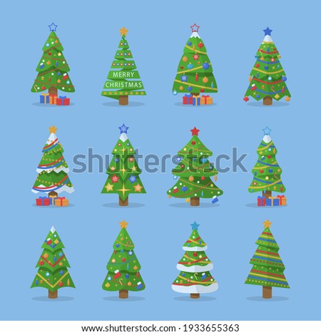 Set of Christmas trees. New Years and xmas traditional symbol tree with garlands, light bulb, star. Winter holiday.