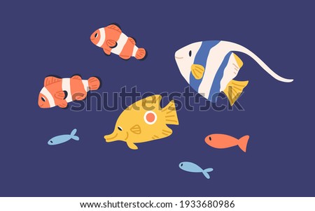 Set of small bright marine fishes. Collection of sea and ocean underwater fauna. Childish colored flat cartoon vector illustration of tropical underwater creatures