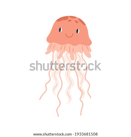 Cute smiling jellyfish or medusa. Funny underwater jelly fish with eyes. Childish colored flat cartoon vector illustration of submarine invertebrate creature