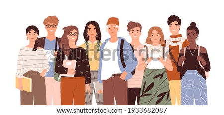 Group of diverse modern students or classmates standing together. Portrait of happy young people isolated on white background. Colored flat cartoon vector illustration of smiling teenagers Royalty-Free Stock Photo #1933682087
