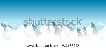 Snowy high mountains. Rocky Mountains. Blue sky. Mountain snowy landscape. Highlands.