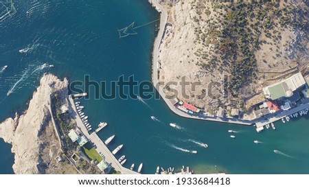 Sevastopol, Crimea. Balaklava Bay with yachts and pleasure boats, Aerial View, HEAD OVER SHOT  