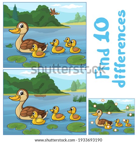 Funny duck with ducklings. Find 10 differences. Vector illustration. Royalty-Free Stock Photo #1933693190