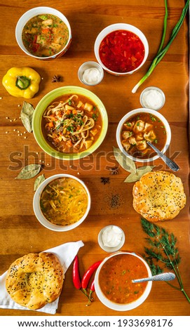 different kind of soups , top view