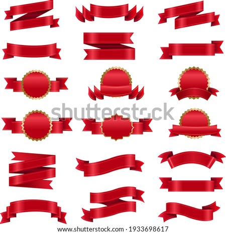 Big Set Red Ribbon And Isolated White Background, Vector Illustration
