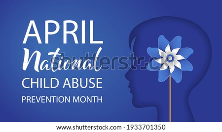 National Child Abuse Prevention Month. April. Boy silhouette with pinwheel on blue background. Stop child violence. Template for banner, card, poster with text inscription. Vector illustration. Royalty-Free Stock Photo #1933701350