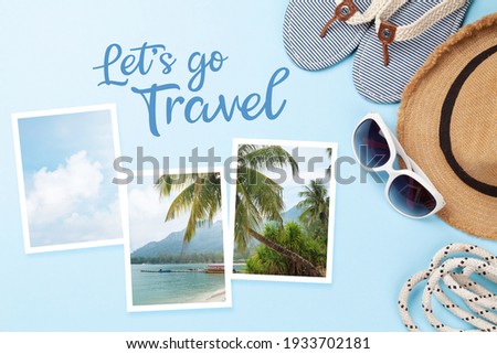 Let’s go travel concept card. Summer vacation items, accessories and holiday photos. Flip flops, sunglasses and sun hat on blue background. Top view flat lay