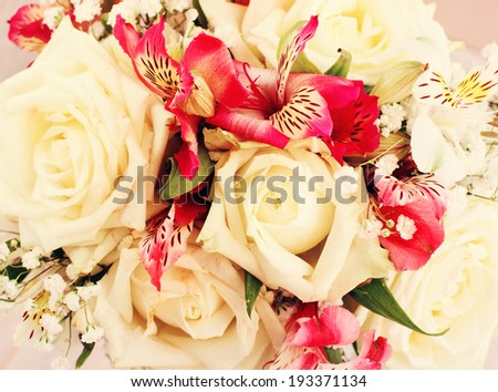 Bridal bouquet of white roses Beautiful flowers as gift for holiday. Free space for text. 