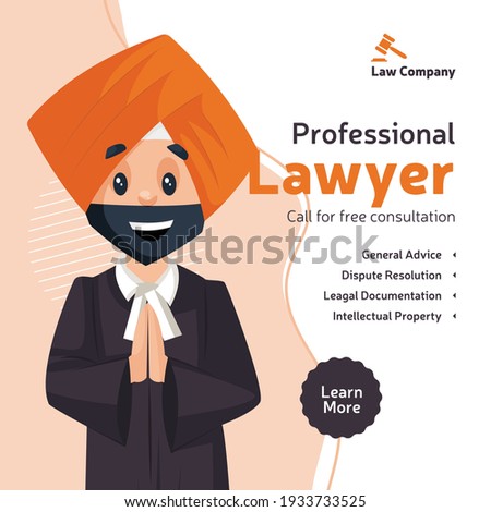 Professional lawyer free consultation banner design. Punjabi lawyer is standing with greet hands. Vector graphic illustration.