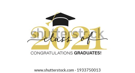 Gold design for graduation ceremony. Class of 2021. Congratulations graduates typography design template for shirt, stamp, logo, card, invitation etc. Vector illustration Royalty-Free Stock Photo #1933750013
