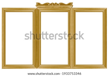Triple golden frame (triptych) for paintings, mirrors or photos isolated on white background. Design element with clipping path