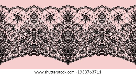 Horizontally seamless black lace background with floral pattern