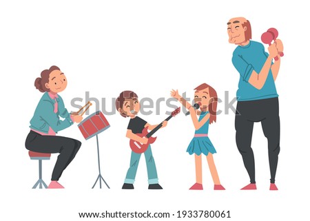 Grandparents and Grandchildren Playing Musical Instruments and Singing, Grandparents Spending Good Time with Grandchildren Cartoon Style Vector Illustration