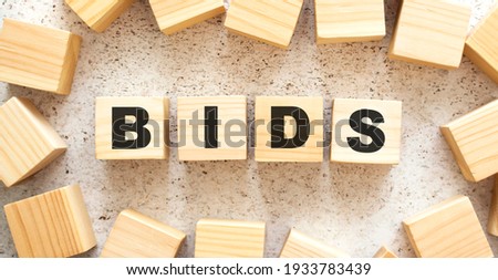 The word BIDS consists of wooden cubes with letters, top view on a light background. Work space.