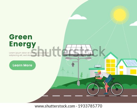 Vector Illustration Of Cartoon Man Riding Bicycle With Solar Panels, House And Sunshine For Renewable Green Energy Concept.
