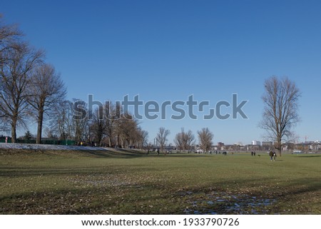 Outdoor sunny view of natural riverside of Rhine River covered with slush snow and ice pond with people do winter recreation and background cityscape of Düsseldorf, Germany in winter season.