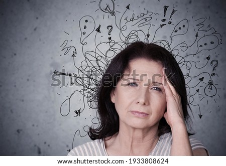 Young woman with worried stressed face expression with illustration Royalty-Free Stock Photo #1933808624