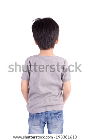 Back grey T-shirt on a boy, isolated on white background