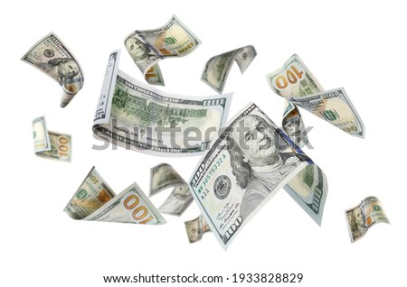 Dollar banknotes flying on white background, collage  Royalty-Free Stock Photo #1933828829