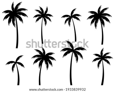 Black palm trees set isolated on white background. Palm silhouettes. Design of palm trees for posters, banners and promotional items. Vector illustration Royalty-Free Stock Photo #1933839932