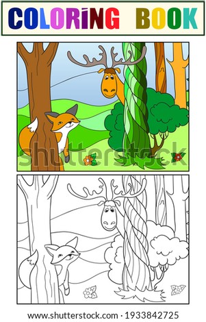 Animals play hide and seek. Set of coloring book and color picture. Vector illustration.