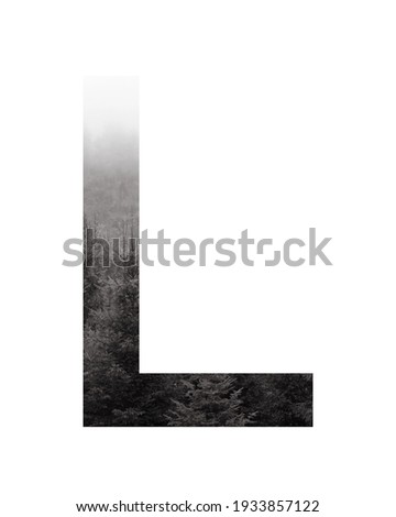 Letter L of the alphabet with a beautiful photography of a forest background. Photo of a character alphabet with texture of plant pattern inside letter isolated on white background