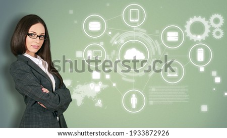 Business Information Concept. Business woman standing with infographic template