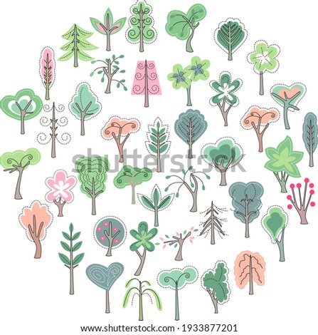 Round template with different blossoming trees. Circle made of forest elements. Pretty illustration can be used as spring and summer design template.