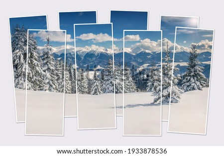 Isolated eight frames collage of picture of snowy winter scene of mountain valley. Picturesque morning view of Carpathian mountains. Mock-up of modular photo.

