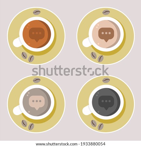 Vector illustration set of a cup of coffee with a green plate surrounded by coffee beans with top view, comment sign, perfect for coffee product advertisements