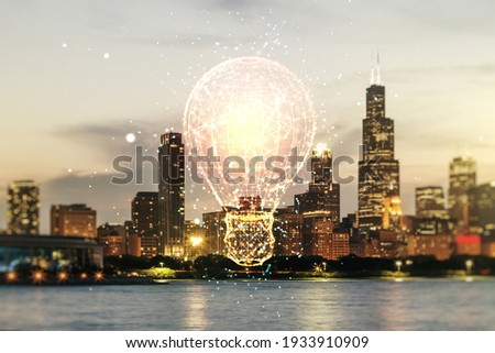 Abstract virtual light bulb illustration on Chicago cityscape background, future technology concept. Multiexposure