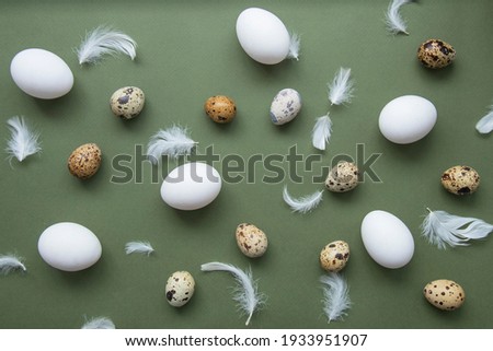 Stylish eggs pattern. Happy Easter. Flat-lay image of eggs and feathers on a green background. Minimalist style. 