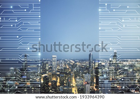 Abstract virtual microscheme illustration on Chicago skyline background. Big data and database concept. Multiexposure
