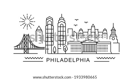 Philadelphia minimal style City Outline Skyline with Typographic. Vector cityscape with famous landmarks. Illustration for prints on bags, posters, cards. 
