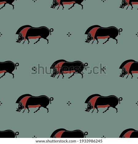 Seamless animal pattern with silhouetted wild pigs or boars. Ethnic folk style. Ancient Greek vase painting motif.