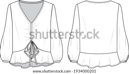Women's V-Neck, Ruffle Hem, Gatherings Blouse technical fashion illustration with a balloon sleeve. Flat blouse apparel template front, back, white, and black color style.  Women CAD mock-up. Royalty-Free Stock Photo #1934000201