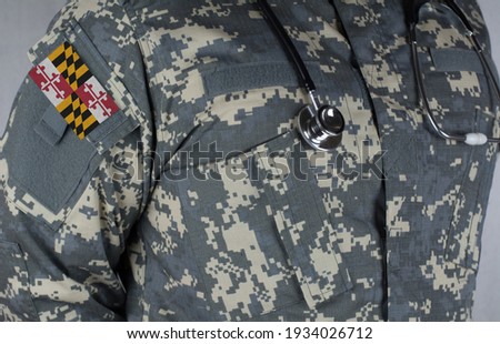 Maryland Army patch on military uniform doctor with stethoscope over his neck