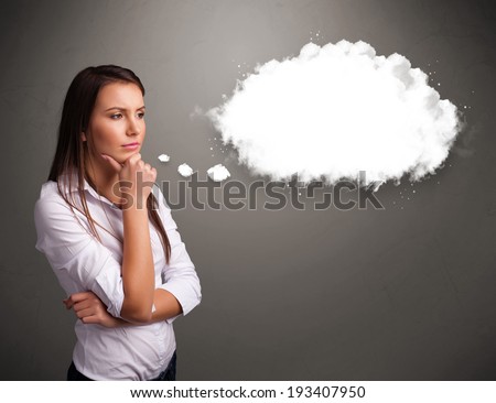 Pretty young lady thinking about cloud speech or thought bubble with copy space