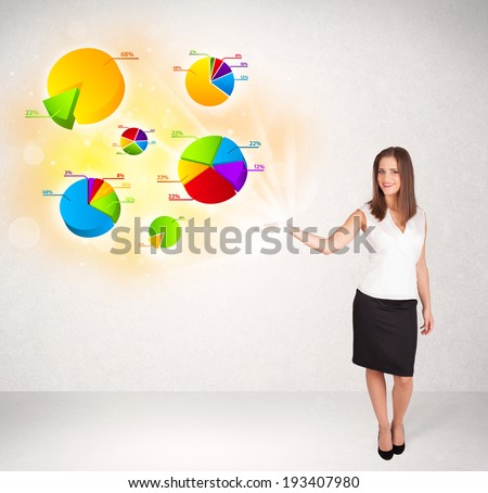 Business woman with colorful graphs and charts concept