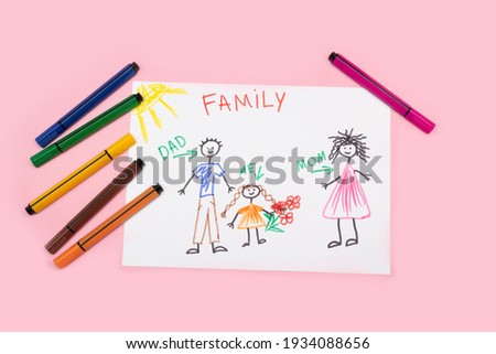 DIY drawing, child's drawing family - dad, mom and me. Children's creativity concept. Royalty-Free Stock Photo #1934088656