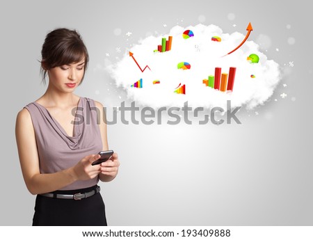 Young woman presenting cloud with graphs and charts concept