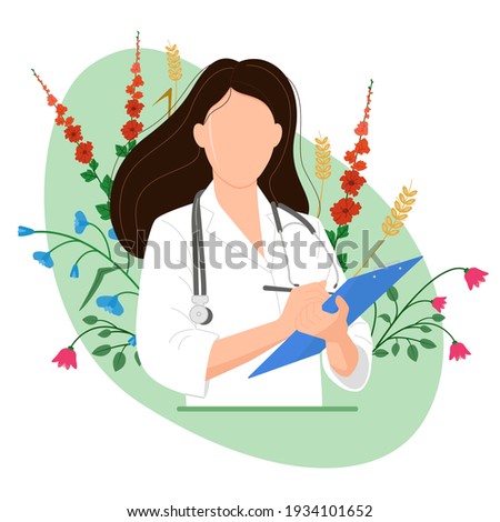 Female doctor with blue tablet, isolated image on green background. Flowers and herbs. Alternative medicine. Homeopathy. Medicine. Medical worker, medical assistant Royalty-Free Stock Photo #1934101652